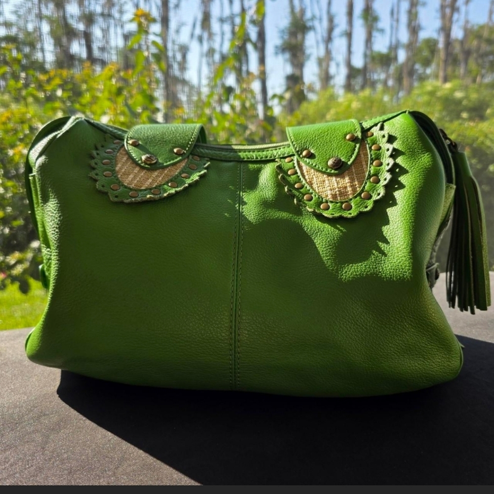 Green Leather Boho Shoulder Bag Kate Landry Studded Tassel Artisan Purse - Picture 6 of 8